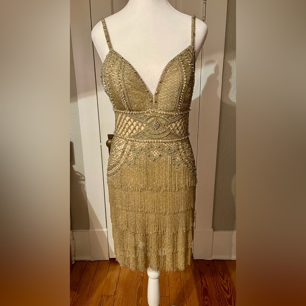Gold beaded fully lined one of a kind dress. Mini or midi depending on height.